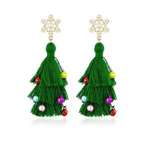 Christmas Tassel Earrings for Women Girls Handmade Cute Long Lightweight Jingle Bell Beads Christmas Tree Dangle Drop Festive Gifts Holiday Jewelry Gifts (Christmas Tassel Earrings)