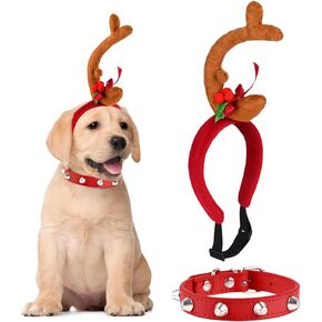 Kavoc Christmas Reindeer Antler Headband with Dog Ears Ajustable Elastic Band Dog CostumeDog Antlers Costume for Medium Dogs Pets Xmas Party Decor
