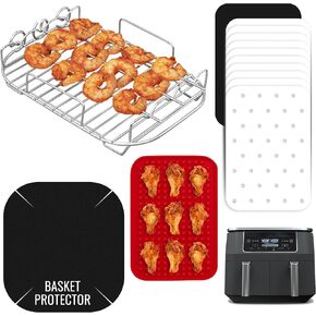Accessories for Ninja Air Fryer 2 Basket DZ201 8 QT & DZ204 10 QT, Skewer Rack for Dual Zone Double Airfryer, Reusable Silicone Liner, 100 pcs Parchment Paper, Basket Cover Accessory by INFRAOVENS