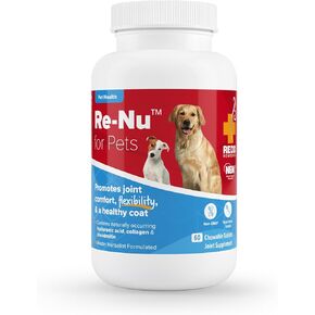 Redd Remedies, RE-NU for Pets, Joint Pain Relief Support for Dogs with Glucosamine, Chondroitin and Collagen from NEM, Calcium and Brewer’s Yeast, 60 Chewable Tablets, Made in The USA