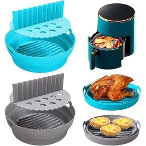 2Pcs Air Fryer Silicone Liners with Divider Trays, silicone Non-Stick Air Fryer Basket Bowl, Collapsible Pot Oven Liner Backing Tray, Air Fryer Inserts Used for Kitchen Oven (Gray & Blue)