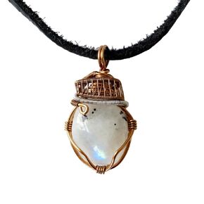 Designs by Nature Gems Moonstone Wire Wrapped Pendant, Copper Crystal Necklace, With 24 Inch Black Leather Cord, June Birthstone Jewelry, Handmade in North America