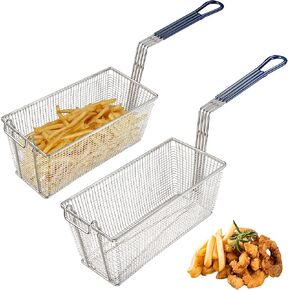 2PCS Deep Fryer Basket with Non-Slip Handle, 13.2"x 6.5"x 5.9" Basket and 11.2" Long Handle Deep Fried Drain Basket for Commercial Restaurant Kitchen, Easy Installation