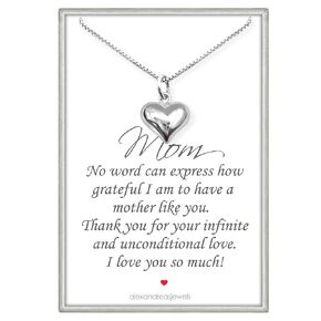 Sterling Silver Heart Necklace for Women, Mom Birthday Gift Necklace, Puffed Heart Necklace, Mother's Day Gift Necklace, 18 inches Plus 2-inch Extender