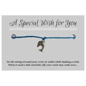 Dolphin Blue Hemp Wish Bracelet - Silver Tone Charm on Printed Card - Up to 12 inches - Unisex
