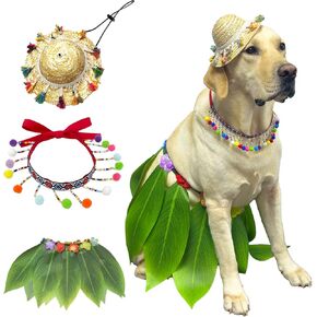 3 Pieces Dog Summer Costume Hula Dress, Tassel Straw Hat, Boho Neck Pets Costume for Medium Large Dogs(3 pcs)