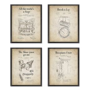 Theatre Wall Patent Art Prints with Slogans, Set of 4, Unframed, Drama Gift, Vintage Stage Pulley Spotlight Seat Theater Gift, 8x10 Inches