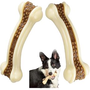 Dog Bones Chew Toys for Aggressive Chewers, 2 Pack Real Beef Flavor,Indestructible Dog Teething Chew Toys for Large/Medium/Small Breed,Tough Dog Toy with Durable Nylon