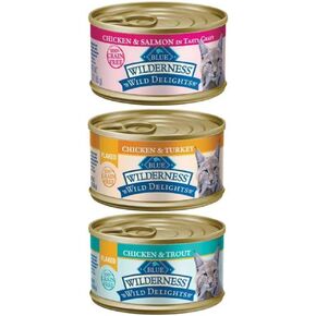 Wilderness Blue Buffalo Wild Delights Grain Free Natural Cat Food 3 Flavor Variety 6 Can Bundle: (2) Flaked Chicken/Turkey/Gravy, (2) Chicken/Salmon/Gravy, and (2) Flaked Chicken/Trout, 3 Oz. Ea.
