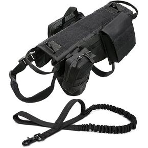 Tactical Dog Vest Harness Heavy Duty Dog Harness with 3 MOLLE Bags&1 Bungee Dog Leash