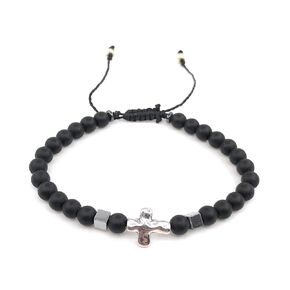 Cross Bracelet for Men Black Beads Adjustable Pulsera para Hombre