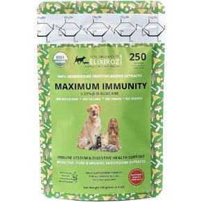 Maximum Immunity >25% β-glucan 100% Mushrooms Fruiting Body Extracts Blend, Veterinary Formula for Dogs & Cats Immune & Digestive Systems with Turkey Tail & >35% β-glucan Reishi extracts.250 Servings