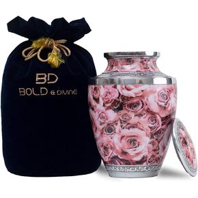 BOLD & DIVINE Hand Painted Pink Rose Cremation Urn | Human Ashes Adult Memorial urn, Burial, Funeral Cremation Urns |200 Cubic Inches Adult Large