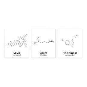 Love Calm and Happiness Wall Art Oxytocin, Serotonin and GABA Molecule, 8x10 Set of 3 Unframed Prints Black on White for Waiting Room, Studio or Bedroom Décor. Ideal For Life Coach, Yogi or Counsellor