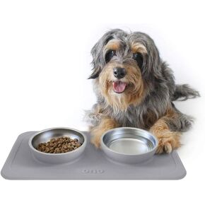 Ono Good Bowl Food & Water Double Feeder - Small to Medium Pets No Spill Non Skid Silicone Mat & Stainless Steel Bowls for Dogs or Cats (Mint)