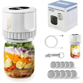 Mason Jar Vacuum Sealer Upgrade Auto Stop Electric Mason Jar Vacuum Sealer Kit 80kPa Mason Jar Vacuum Sealer with Wide and Regular Mouth Lids (White)