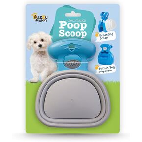 Dog Poop Scoop with Waste Bag Dispenser - BLUE, 10 Refill Bags and Expandable Silicone Body - Compact Portable Design for Easy Storage by Fuzzy Fusion (A Grand Fusion Company) (Blue)