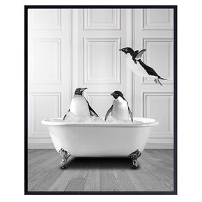 Cute Penguin Bathroom Wall Art LARGE 11x14 - Funny Black Bathroom Decor - Unique Bathroom Wall Decor - Guest Bathroom Art - Powder room Wall Art - Bath Wall Decorations - Bathroom Signs - Unframed