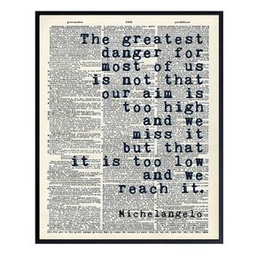 Inspirational Michelangelo Quote, Upcycled Dictionary Wall Art Decor Print - 8x10 Motivational Home Decoration Poster for Bedroom, Office - Gift for History Fans, Entrepreneurs