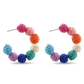 Colorful Raffia Hoop Earrings Boho Beaded Hoop Post Earrings for Women Circle Vacation Earrings for Gift