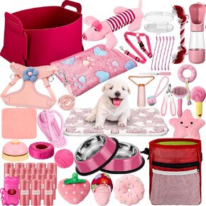 Abbylike 50 Pcs Puppy Starter Kit for Small Dogs Essentials Includes Dog Leash, Bowls, Teeth Brushes, Water Bottle, and More Puppy Accessories for Dogs Welcome Gift Supplies(Female)