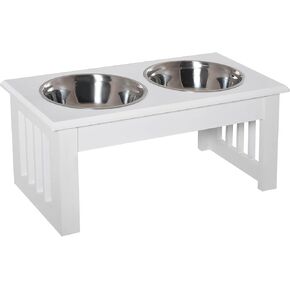 PawHut 6" Height Small Puppy Dog Feeding Station for Messy Pets, Stainless Steel Elevated Dog Bowls with Modern Wooden Frame, Dog Food Stand Pet Feeding Station, White