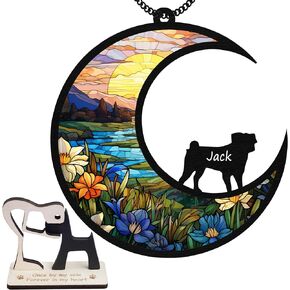 6'' Pug Dog Memorial Suncatcher & Wooden Dog Paw Keychain Personalized Dog Name Ornament Window Hanging Pet of Loss Dog Sympathy Gift for Dog Lovers Dog Bereavement Car Hanging SCD-B11-6-59