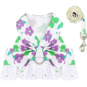 Cute Small Dog Harness and Leash Set No Pull Girl Dog Floral Harness with Bow Tie Soft Mesh Princess Puppy Cats Harness Vest(Red,Small)