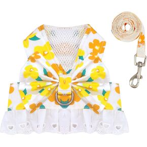 Cute Small Dog Harness and Leash Set No Pull Girl Dog Floral Harness with Bow Tie Soft Mesh Princess Puppy Cats Harness Vest(Red,Small)