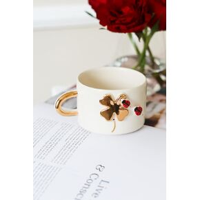 Ladybugs and Four-Leaf Clover Handmade Ceramic Cup | Hand Painted Luck Mug | Turkish Porcelain Mug