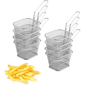 Mini Fry Basket, 8Pcs Mini French Fry Basket Stainless Steel Chips Deep Fry Baskets Food Presentation Strainer Potato Cooking Tool for Kitchen Restaurant Party Barbecue, Silver