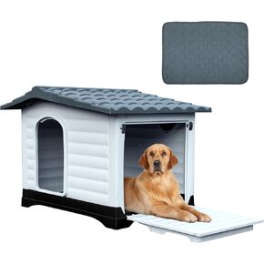 DWVO 36'' 2-Door Dog House with Elevated Base & Cushion, Plastic Pet House for Small and Medium Dogs, Easy Assembly, Water-Resistant for Indoor/Outdoor Use (36''L x 27.1''W x 26''H)