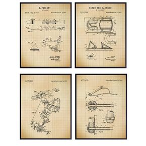 Waterski Wall Art Patent Prints Set - Great Home Decor for Beach or Lake House, Man Cave, Den, Bedroom or Bathroom - Perfect Gift for Water Skiers and Extreme Sports Fans- 8x10 Photos - Unframed