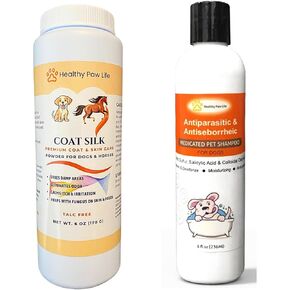 Bundle of Coat Silk Dog Dry Powder to Alleviate Odors and Itchiness (6 oz) and Antiparasitic & Antiseborrheic Dog Shampoo (8 oz)