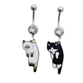 White and Black Cat Pendant Dangle Belly Rings, Cute Surgical Stainless Steel 14 Gauge Navel Barbell Ring, Fun Piercing Body Jewelry for Women