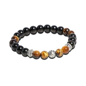 Black Obsidian Beads Tiger Eye Beads Tibetan Silver Beads Stretch Bracelet, Triple Protection Bracelet bring Luck Properity Happiness Exquite Gift for Male Female Friends