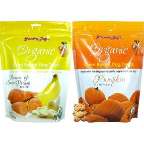 مكافآت الكلاب المخبوزة بالفرن العضوي من الجدة لوسي، 2 حزمة متنوعة من النكهات: (1) وصفة اليقطين و(1) وصفة الموز والبطاطا الحلوة (إجمالي كيسين، 14 أونصة لكل منهما) in Kuwait