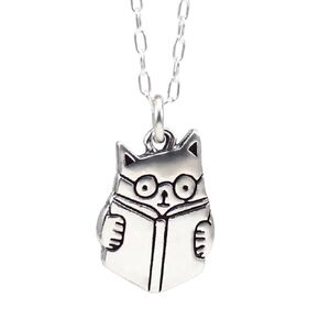Mark Poulin Small Sterling Silver Book Cat Charm Necklace on 16" 18" 20" Inch Adjustable Sterling Silver Cable Chain- Reading Cat with Glasses Necklace