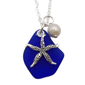 YInahawaii Handmade cobalt sea glass necklace, starfish charm, Natural pearl, September Birthstone ",(Hawaii Gift Wrapped, Customizable Gift Message) (Non-Personalized)