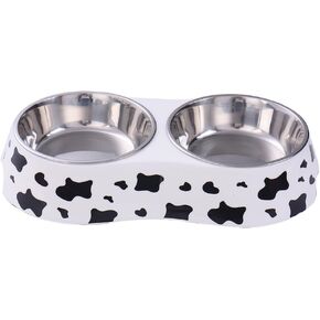 Pet Double Bowl Stainless Steel-Cow Type Pet Elevated Feeder Bowl for Dogs Cats (M (10 * 4.8 * 1.6 in))