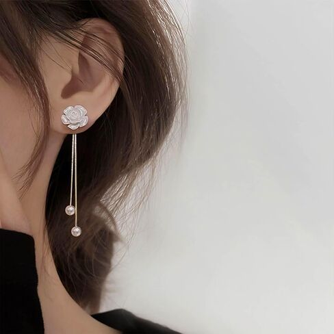 بوهو الأبيض روز سترة أقراط اللؤلؤ الشرابة إسقاط أقراط للنساء اللؤلؤ تتدلى الأقراط خمر اللؤلؤ شرابة سلسلة أقراط زهرة أقراط مجوهرات للبنات هدايا in Kuwait