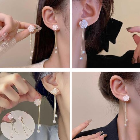 بوهو الأبيض روز سترة أقراط اللؤلؤ الشرابة إسقاط أقراط للنساء اللؤلؤ تتدلى الأقراط خمر اللؤلؤ شرابة سلسلة أقراط زهرة أقراط مجوهرات للبنات هدايا in Kuwait