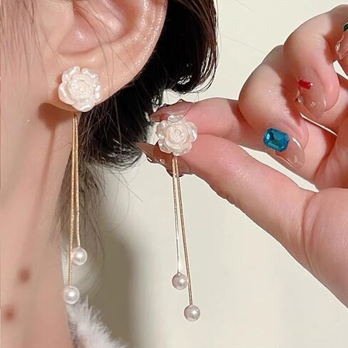 بوهو الأبيض روز سترة أقراط اللؤلؤ الشرابة إسقاط أقراط للنساء اللؤلؤ تتدلى الأقراط خمر اللؤلؤ شرابة سلسلة أقراط زهرة أقراط مجوهرات للبنات هدايا in Kuwait