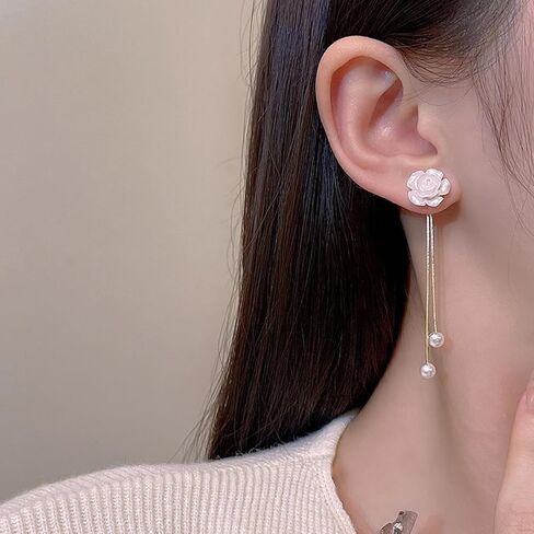 بوهو الأبيض روز سترة أقراط اللؤلؤ الشرابة إسقاط أقراط للنساء اللؤلؤ تتدلى الأقراط خمر اللؤلؤ شرابة سلسلة أقراط زهرة أقراط مجوهرات للبنات هدايا in Kuwait