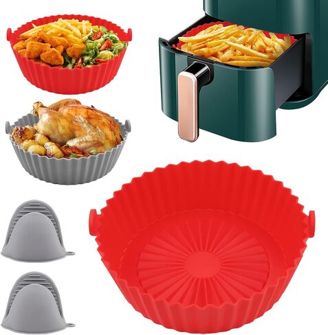 2 Pack Air Fryer Silicone Liners Pot for 3 to 5 QT, VanlonPro Food-grade Non-stick Air Fryer Silicone Basket Bowl, Oven Accessories, Reusable Replacement of Flammable Parchment Paper (Red+Gray) in Saudi Arabia