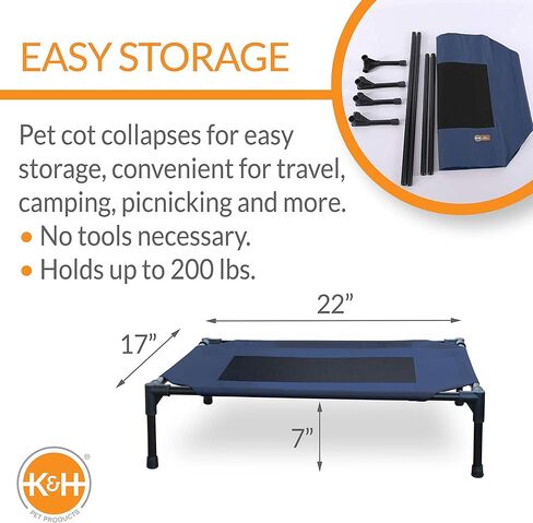 K&H Pet Products سرير كلب مرتفع للتبريد في الهواء الطلق، سرير كلب مرتفع محمول، معدات تخييم شبكية للحيوانات الأليفة قابلة للغسل، سرير أرجوحة للقطط بإطار معدني شديد التحمل، سرير سرير للكلاب من الداخل والخارج، صغير باللون الأزرق/الأسود in Kuwait