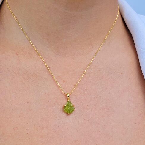 Natural raw peridot chain pendant necklace with yellow gold over 925 sterling silver, august birthstone dainty solitaire gift for her, uniquelan jewelry (peridot) in Kuwait
