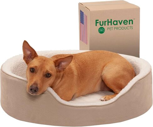 Furhaven Orthopedic Dog Bed for Large/Medium Dogs w/ Removable Washable Cover, For Dogs Up to 30 lbs - Sherpa & Suede Oval Lounger - Clay, Large in Saudi Arabia