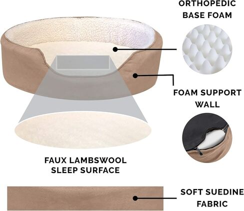 Furhaven Orthopedic Dog Bed for Large/Medium Dogs w/ Removable Washable Cover, For Dogs Up to 30 lbs - Sherpa & Suede Oval Lounger - Clay, Large in Saudi Arabia