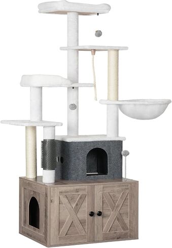 HOOBRO Cat Tree with Litter Box Enclosure, 65" Tall Cat Tower with Scratching Post, All-in-One Cat Condo for Indoor Cats, Hidden Cat Litter Enclosure Furniture, Detachable Cat House, Greige BG60MZ03 in Saudi Arabia
